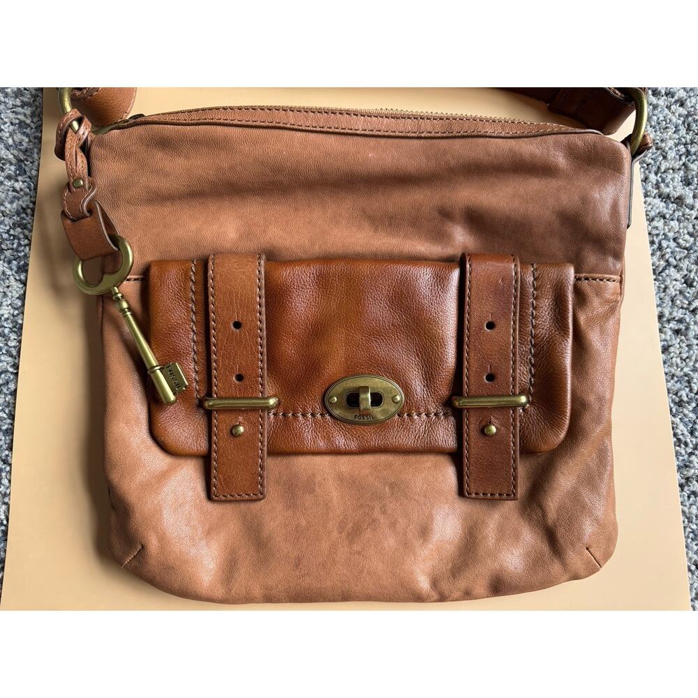 Fossil Crossbody Bag –‎ Cognac Brown Leather Brass Hardware Signature Key Fob